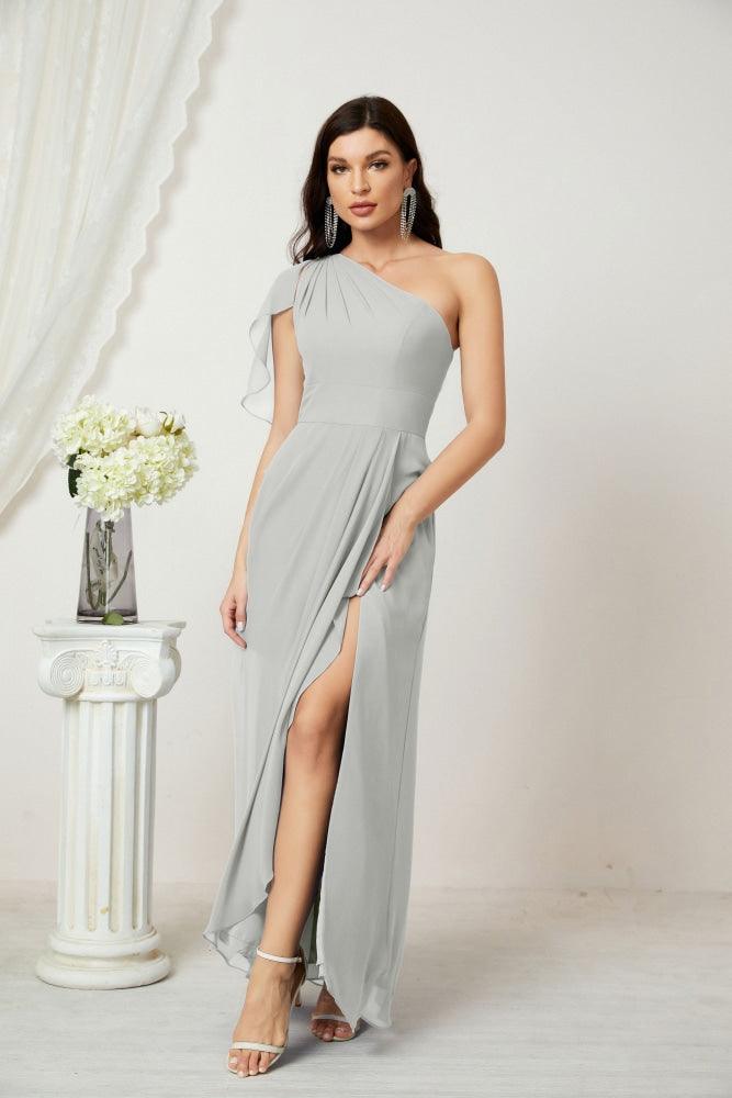 Baoleely  Chiffon Ruffled One Shoulder Long Bridesmaid Dresses A-line Formal Evening Gown Side Split 2809