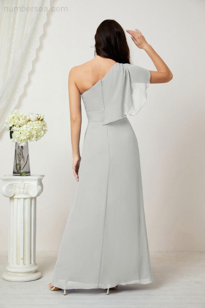 Baoleely  Chiffon Ruffled One Shoulder Long Bridesmaid Dresses A-line Formal Evening Gown Side Split 2809