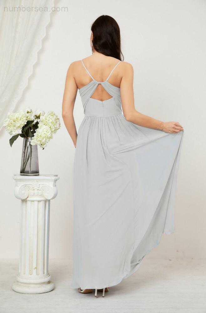 Robe de demoiselle d'honneur en mousseline de soie, longue, coupe trapèze, col en V, pour soirée de mariage, 2801 