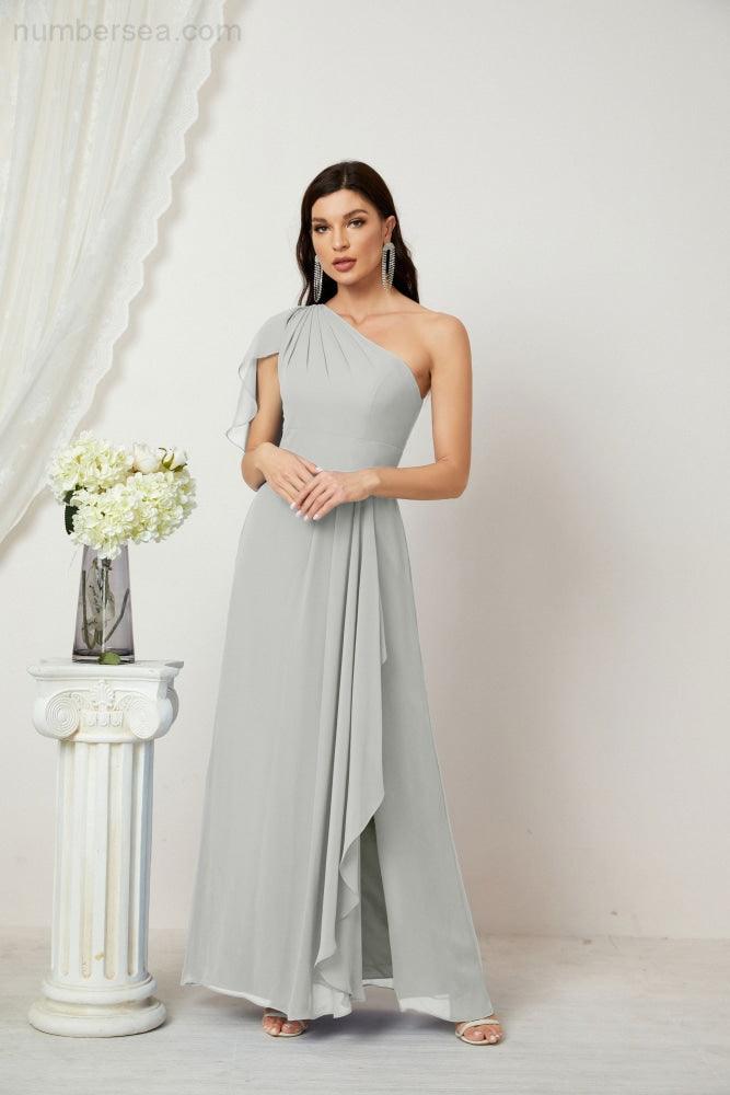 Baoleely  Chiffon Ruffled One Shoulder Long Bridesmaid Dresses A-line Formal Evening Gown Side Split 2809