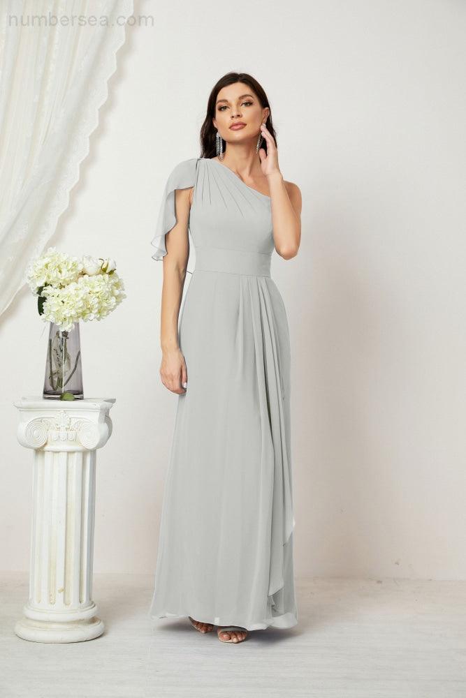 Baoleely  Chiffon Ruffled One Shoulder Long Bridesmaid Dresses A-line Formal Evening Gown Side Split 2809