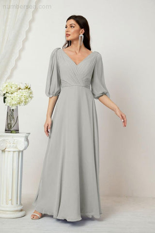 Baoleely  Formal Prom Gown Women V-Neck Chiffon Bridesmaid Dresses Long Bishop Sleeve Party Dress 2807
