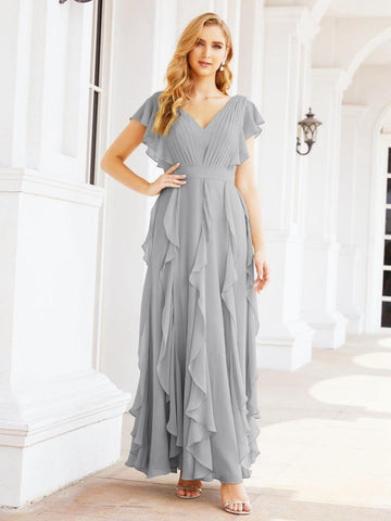 Vestidos de dama de honor con volantes y mangas, vestido largo de fiesta formal 28041 