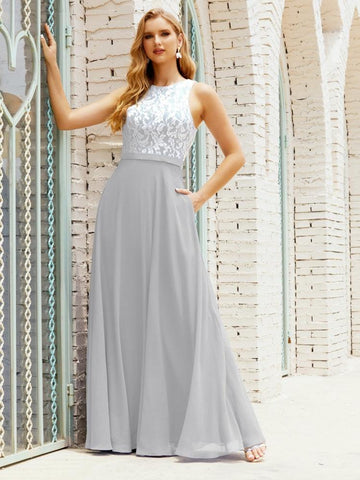 Vestido de dama de honor de encaje, largo hasta el suelo, con bolsillos, 28017 