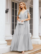Baoleely Women's Open Back Formal Evening Party Prom Gowns V-Neck Long Chiffon Bridesmaid Dresses with Waist Belt 28038