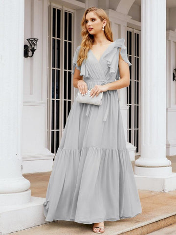 Vestido de fiesta formal de noche con espalda descubierta para mujer Baoleely, escote en V, largo, de gasa, con cinturón a la cintura 28038