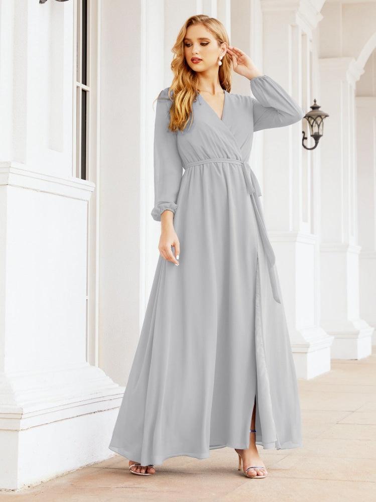 Vestido de dama de honor de gasa para mujer Sunderly, corte en A, manga larga, vestido de noche formal para invitada de boda SY28032 