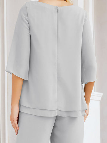 Elegante conjunto de pantalón y bata plateada de dos piezas para la madre de la novia, talla grande, con volantes, Sunderly Elegant SY28064