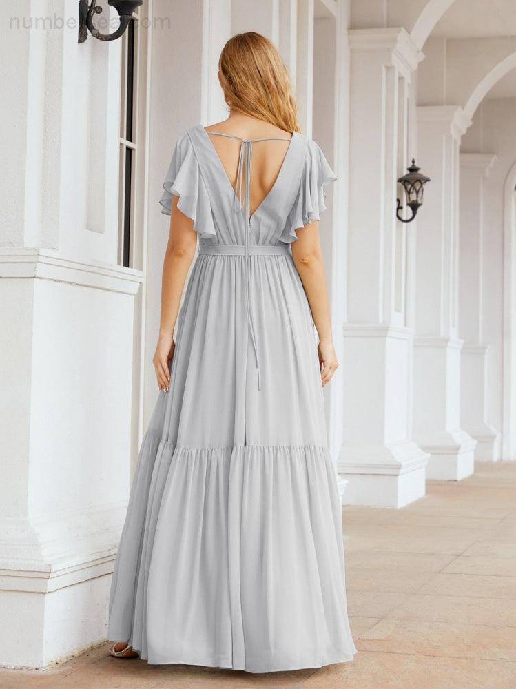 Baoleely Women's Open Back Formal Evening Party Prom Gowns V-Neck Long Chiffon Bridesmaid Dresses with Waist Belt 28038