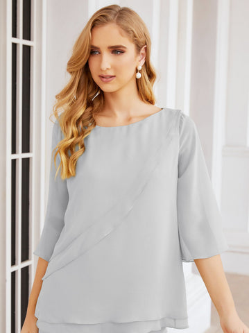 Elegante conjunto de pantalón y bata plateada de dos piezas para la madre de la novia, talla grande, con volantes, Sunderly Elegant SY28064