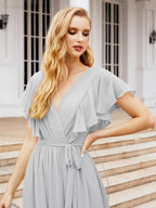 Baoleely Women's Open Back Formal Evening Party Prom Gowns V-Neck Long Chiffon Bridesmaid Dresses with Waist Belt 28038