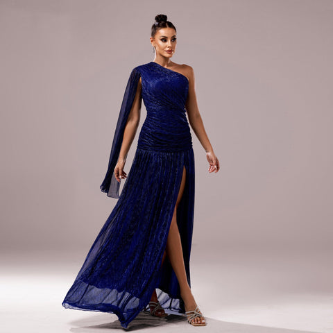One-Shoulder Long Sleeve Slit Gown – Elegant Evening Dress