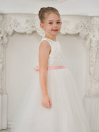 Vestido de princesa/de tul color marfil para niña de las flores 