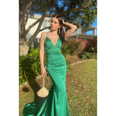 Robe de soirée sirène/trompette en satin à col en V et lacets sans manches