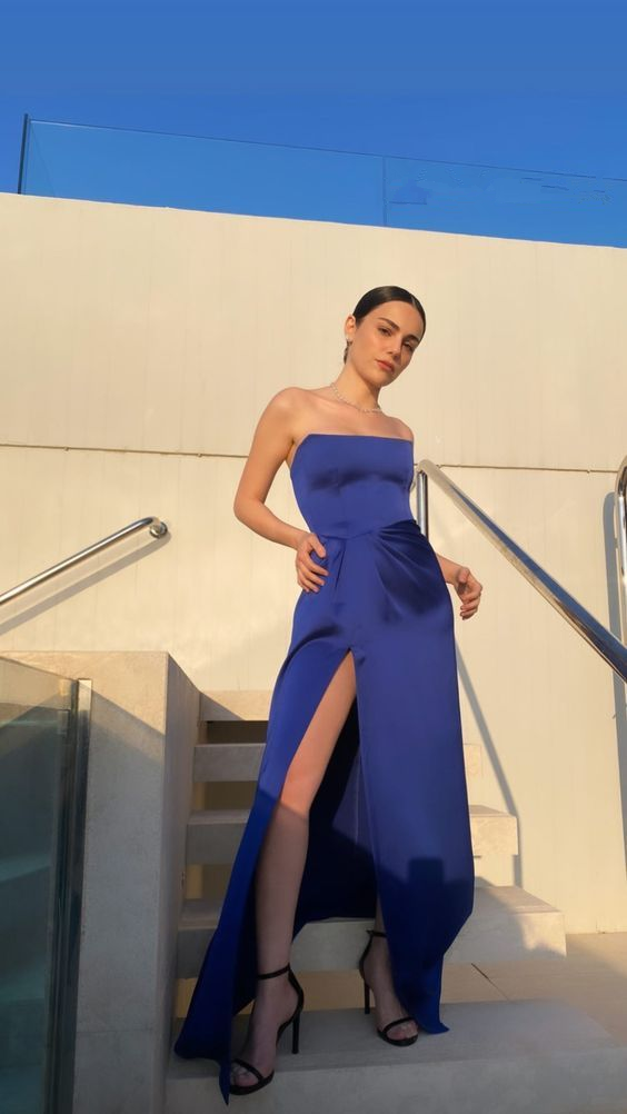 Vestido de fiesta largo de noche azul real sin tirantes y con abertura, sexy, Y7642