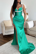 Vestido de fiesta de sirena sin mangas con tirantes finos y escote en V con abertura alta en color jade