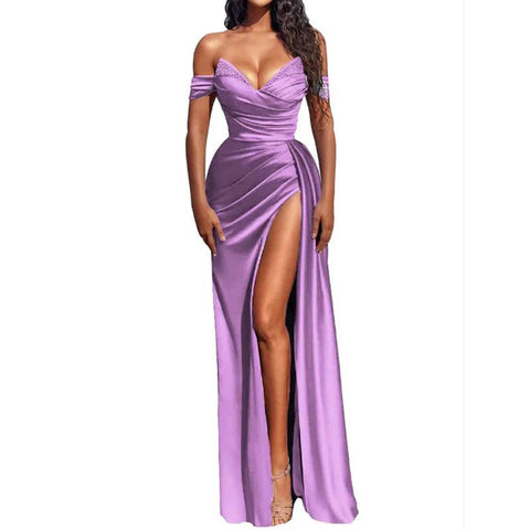 Robe de bal longue plissée et sexy à col en V et fente