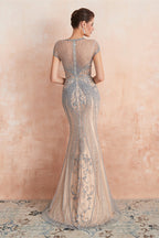 Vestido largo de fiesta de sirena con cuentas y mangas cortas