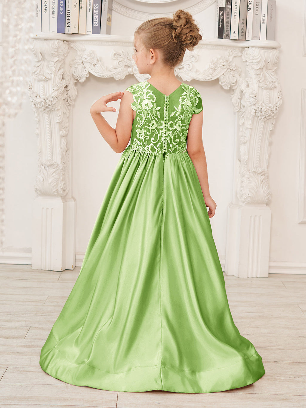 Vestido de niña de las flores de corte A, de satén y encaje, hasta el suelo 