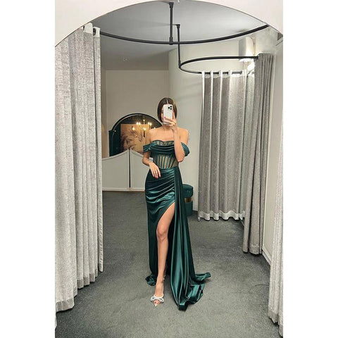 Sheath/Column Off-Shoulder Satin Pleats Sleeveless Prom Evening Formal Dress