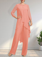 Vestido de dos piezas para la madre de la novia: mono/pantalón de gasa con escote redondo y largo hasta el suelo, adornado con lentejuelas y pedrería.