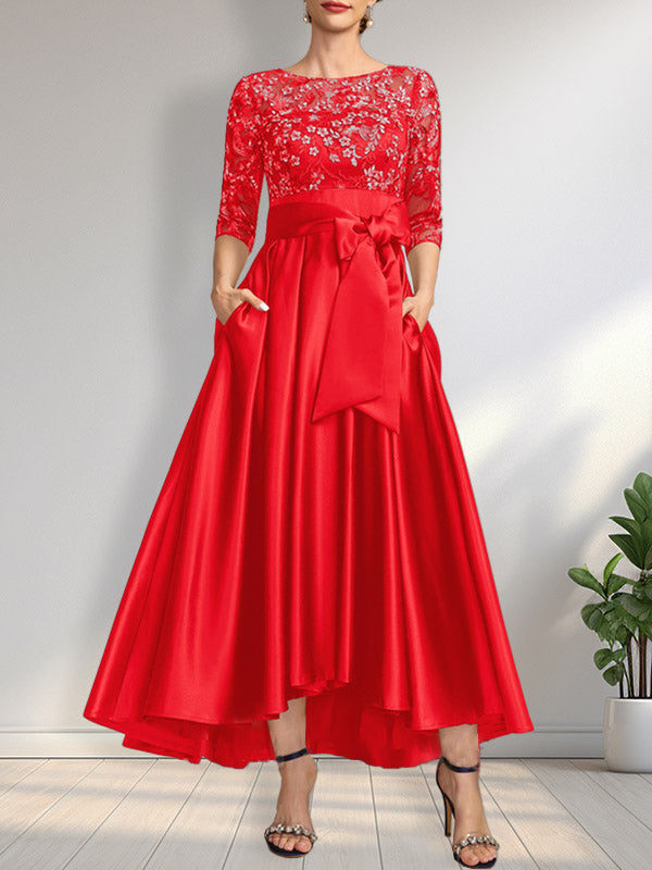 Vestido de madrina de la novia, corte asimétrico, escote ilusión, satén y encaje, con lazo.