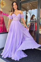 Vestido de graduación de gasa con escote corazón y corte en A, mangas abullonadas