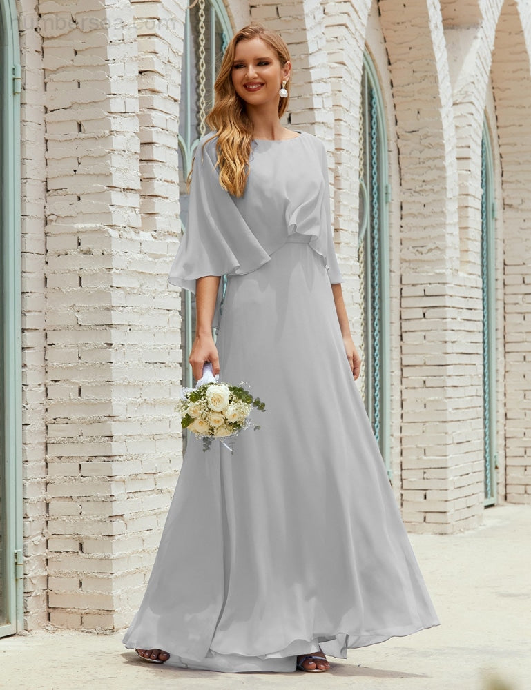 Vestido de dama de honor Sunderly para mujer, manga larga, cuello en V, de gasa, vestido formal de fiesta de boda SY28018