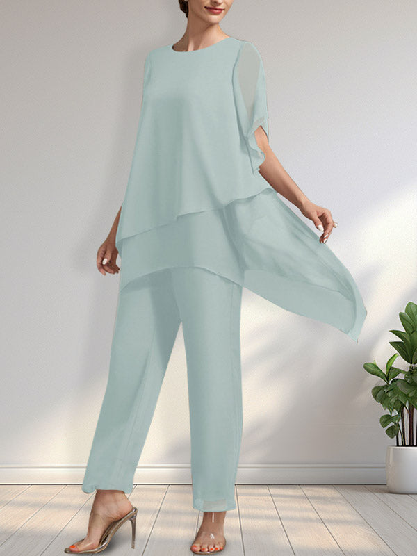 Vestido de gasa de dos piezas para la madre de la novia: mono/traje pantalón con escote redondo y largo hasta el tobillo.