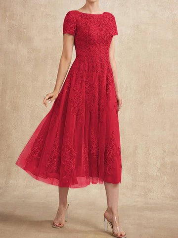 A-line Scoop Tea-Length Tulle Lace Mother of the Bride Dress