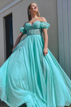 Vestido de graduación de gasa con escote corazón y corte en A, mangas abullonadas