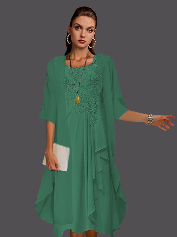 Vestidos de dos piezas de corte A, de gasa, encaje, sin mangas, con chaqueta, pliegues y apliques. 
