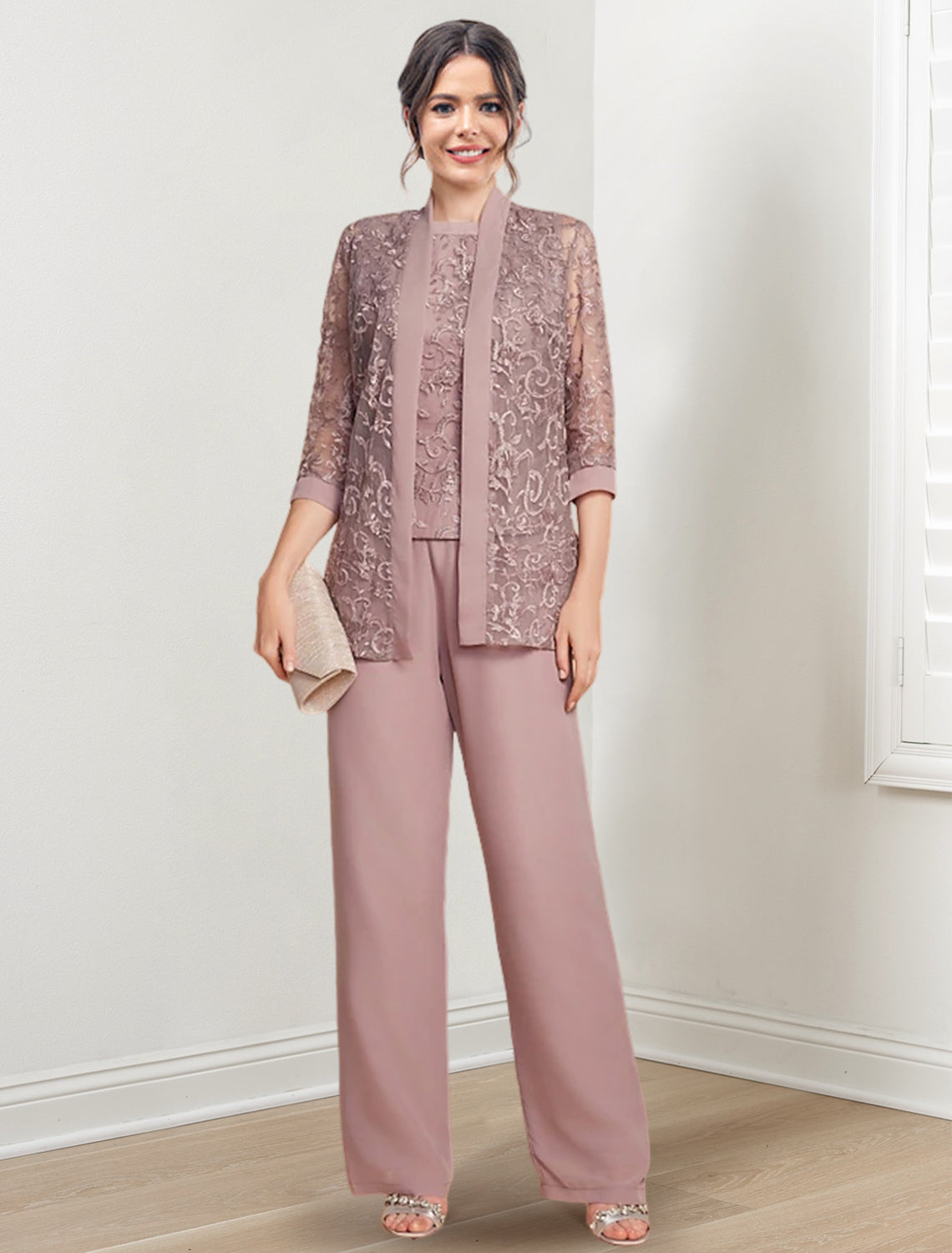 Tailleur-pantalon en mousseline à col bijou pour la mère de la mariée, avec veste 