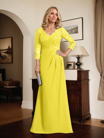 Sheath/Column V-Neck Illusion Floor-Length Lace Chiffon Mother of the Bride Dress With Pleated Sequins