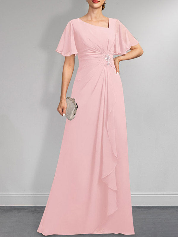 Robe de mariée asymétrique en mousseline de soie, coupe trapèze, longueur au sol, ornée de plis, de perles et de sequins, idéale pour la mère de la mariée.
