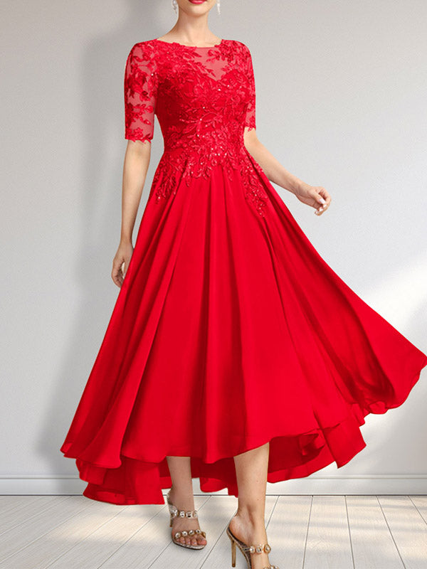 Robe de mère de la mariée asymétrique en mousseline de soie et dentelle, coupe trapèze, décolleté illusion, ornée de sequins 
