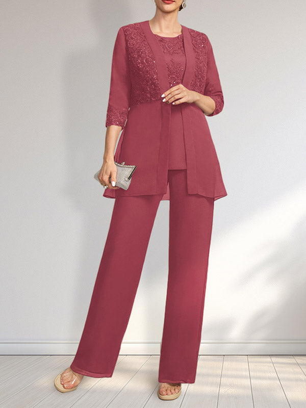 Vestido de novia de gasa con encaje y lentejuelas, estilo mono/traje pantalón, largo hasta el suelo, con escote redondo.