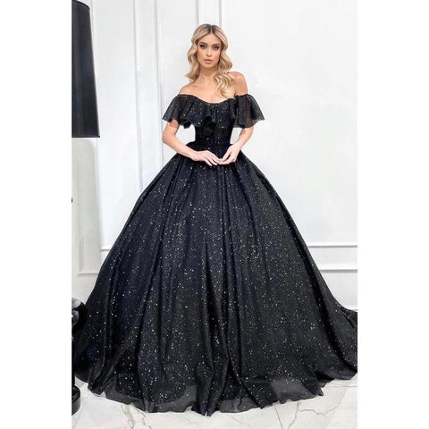 Unique Off The Shoulder Black Sparkly Prom Ball Gown