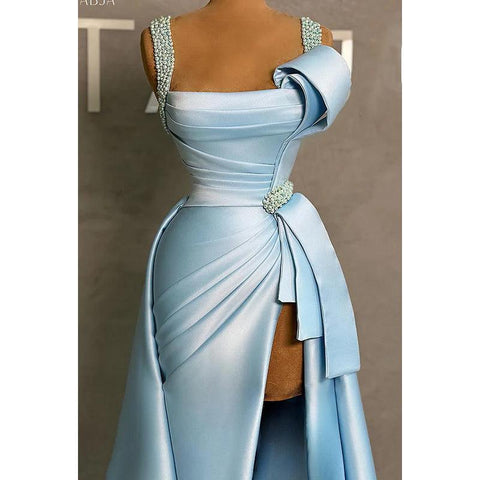 Glamorous & Dramatic Beaded Straps A-line Slit Ruched Formal Prom Dress