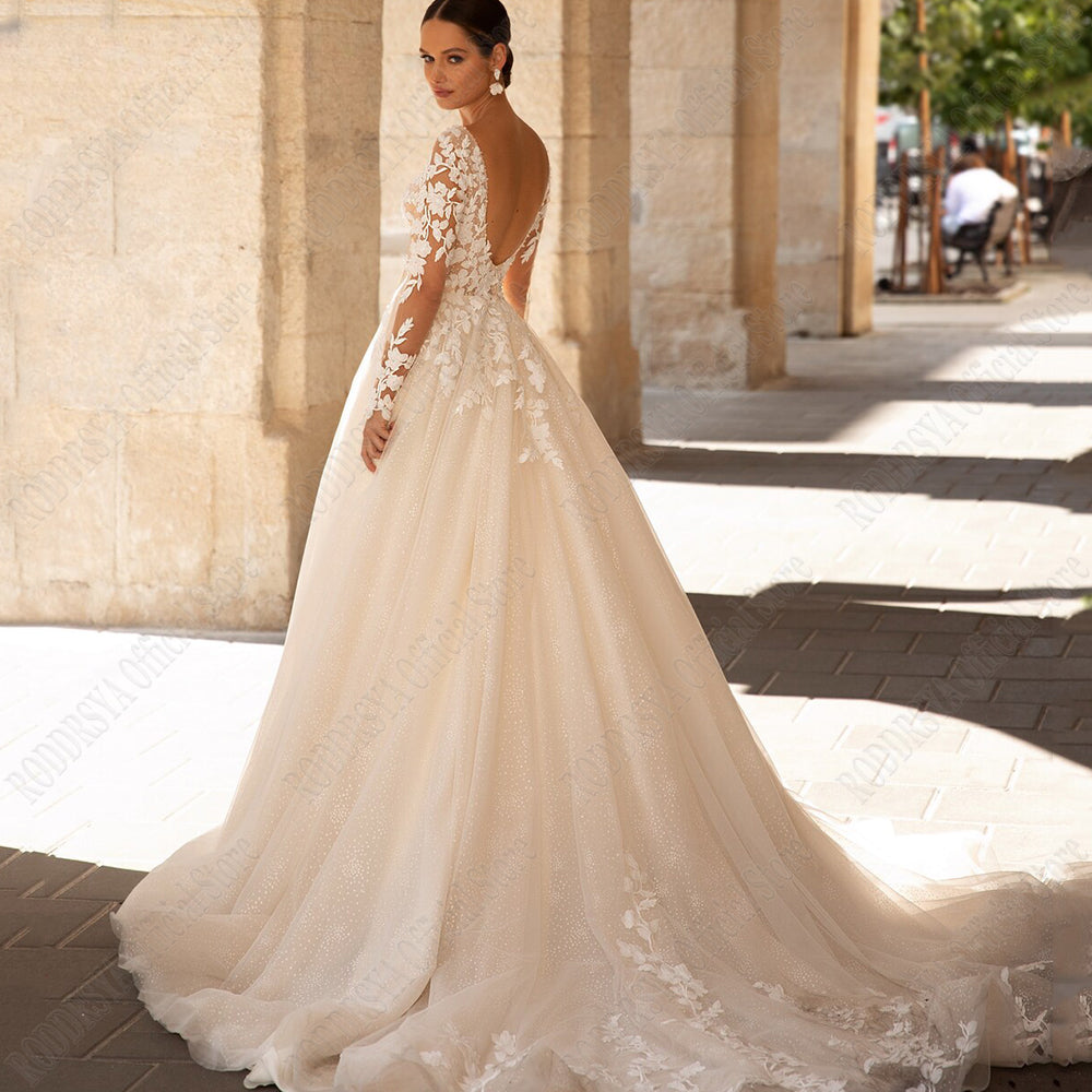 Exquisite Wedding Dresses Long Sleeves Sexy Backless Bride Gowns Applique Princess Tulle A-Line vestidos de novia