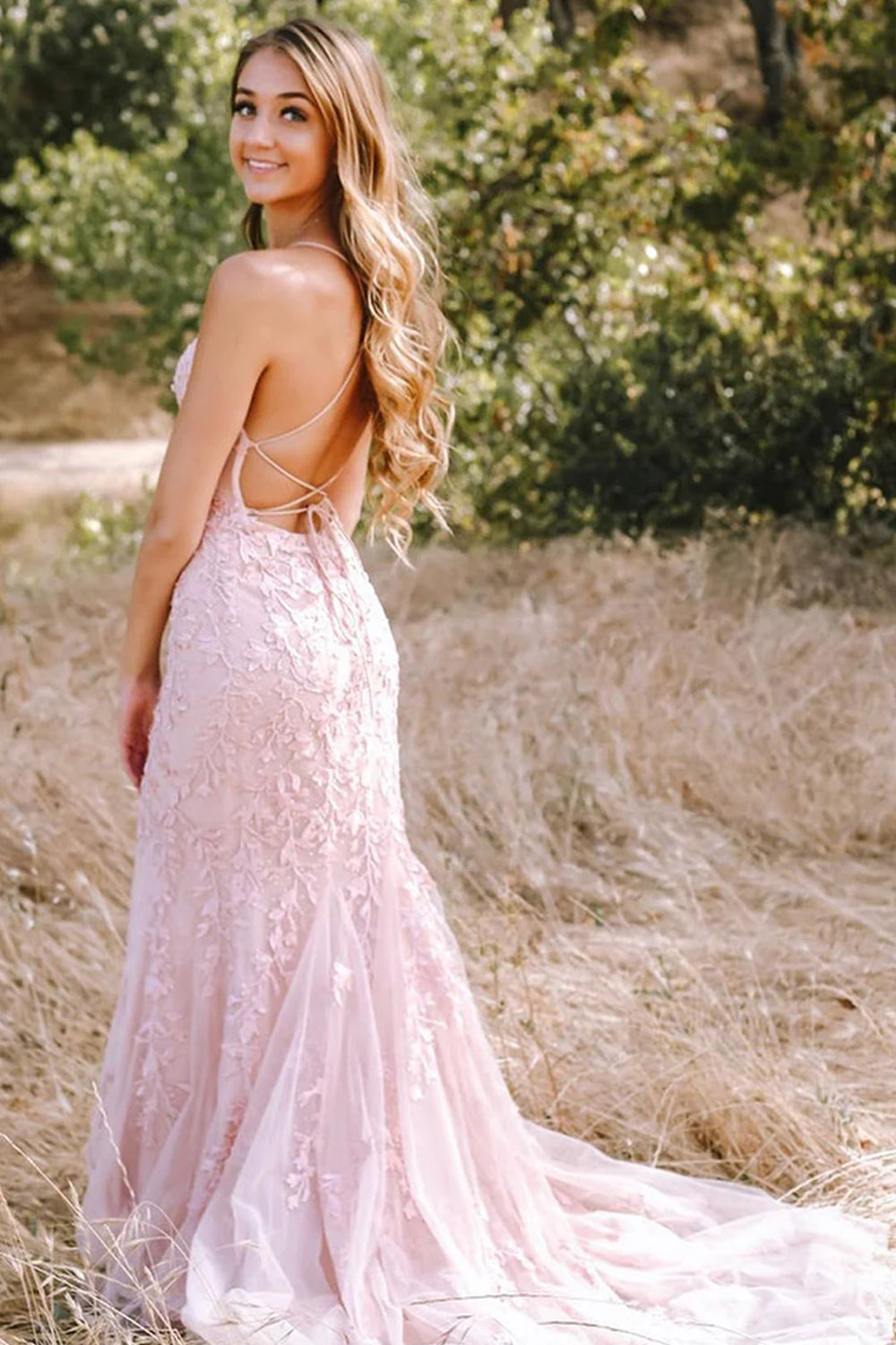 Lace Mermaid Backless Prom Formal Dress