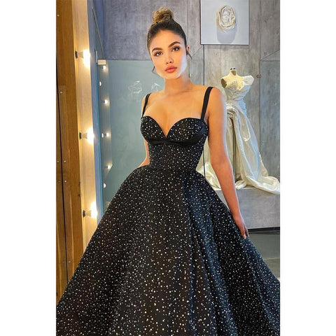 Robe de bal noire vintage à bretelles spaghetti