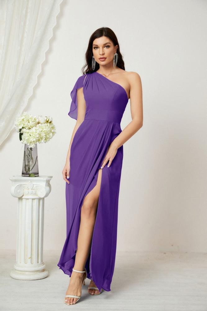 Baoleely  Chiffon Ruffled One Shoulder Long Bridesmaid Dresses A-line Formal Evening Gown Side Split 2809