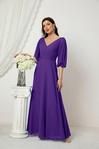 Baoleely  Formal Prom Gown Women V-Neck Chiffon Bridesmaid Dresses Long Bishop Sleeve Party Dress 2807