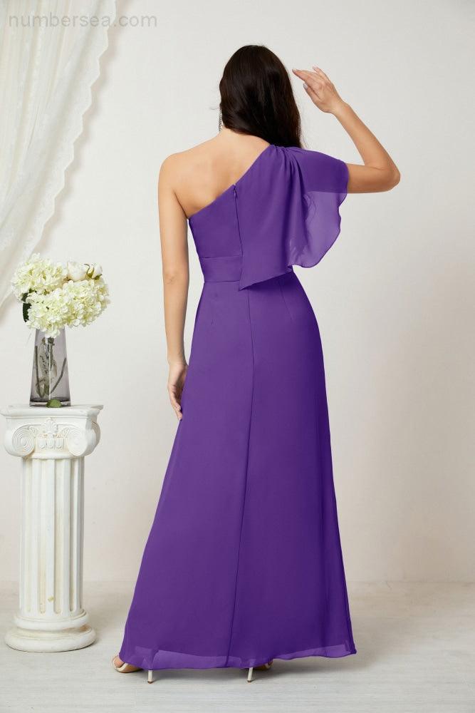 Baoleely  Chiffon Ruffled One Shoulder Long Bridesmaid Dresses A-line Formal Evening Gown Side Split 2809