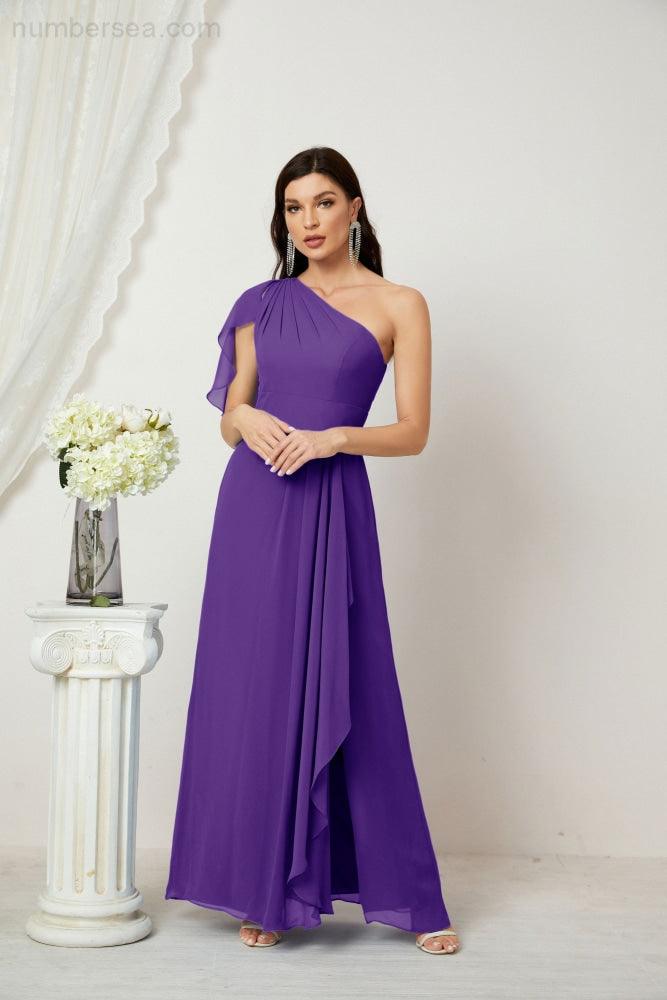 Baoleely  Chiffon Ruffled One Shoulder Long Bridesmaid Dresses A-line Formal Evening Gown Side Split 2809
