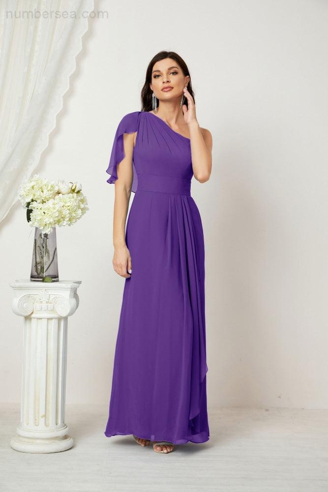 Baoleely  Chiffon Ruffled One Shoulder Long Bridesmaid Dresses A-line Formal Evening Gown Side Split 2809