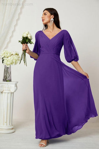 Baoleely  Formal Prom Gown Women V-Neck Chiffon Bridesmaid Dresses Long Bishop Sleeve Party Dress 2807