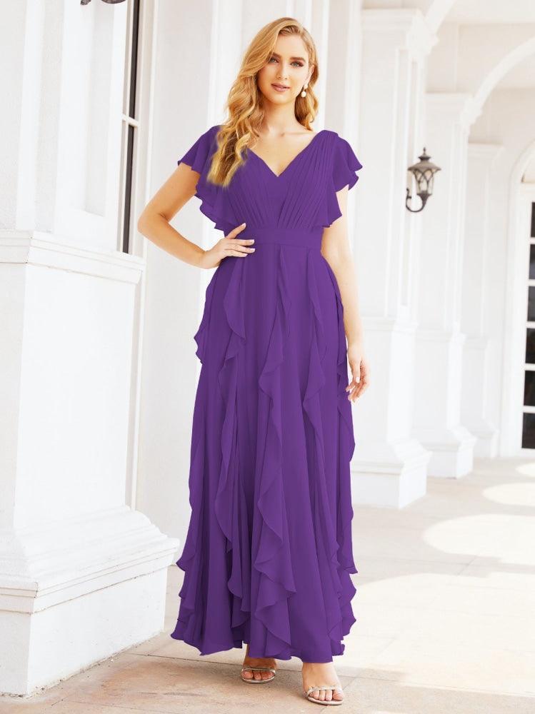 Ruffled Bridesmaid Dresses with Sleeves Long Formal Party Dress 28041