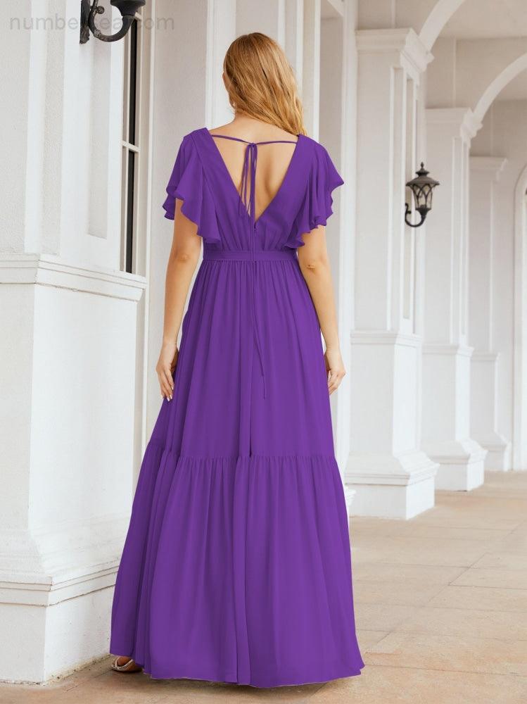 Baoleely Women's Open Back Formal Evening Party Prom Gowns V-Neck Long Chiffon Bridesmaid Dresses with Waist Belt 28038